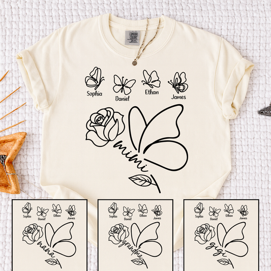 Comfort Colors Custom Mimi Shirt, Butterfly and Rose Graphic, Personalized with Kids Names, Family Gift