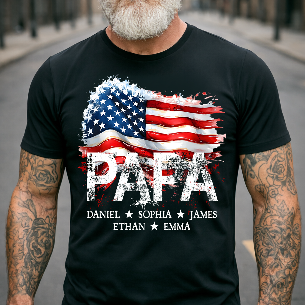 Papa American Flag Shirt, Personalized Papa Tee with Kids Names, Patriotic Grandpa Gift, Custom Family Shirt for Dad