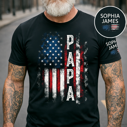 Custom Papa Shirt, 4th of July American Flag Design, Personalized with Family Names, Patriotic Gift Tee
