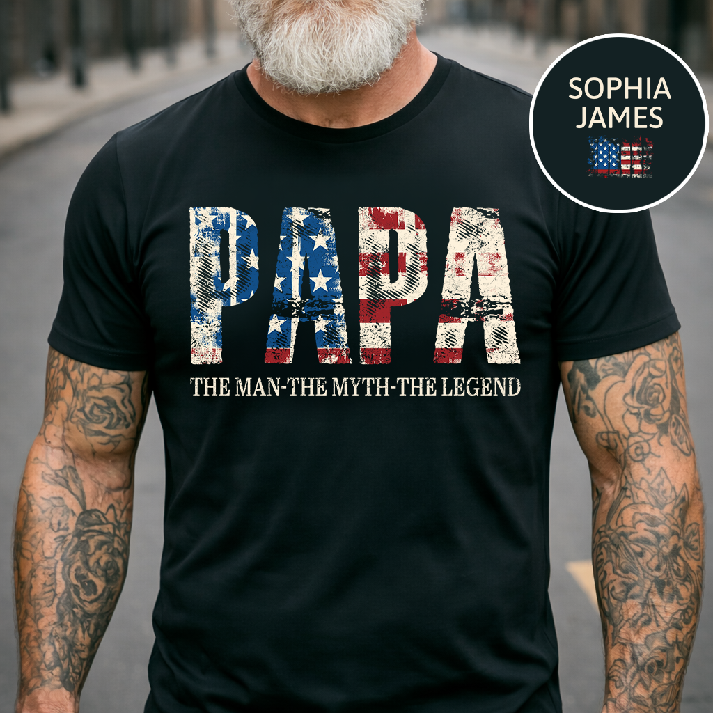 Papa The Man The Myth The Legend Tee, Custom Papa Shirt with Kids Names, USA Flag Design, Meaningful Gift for Father Grandpa