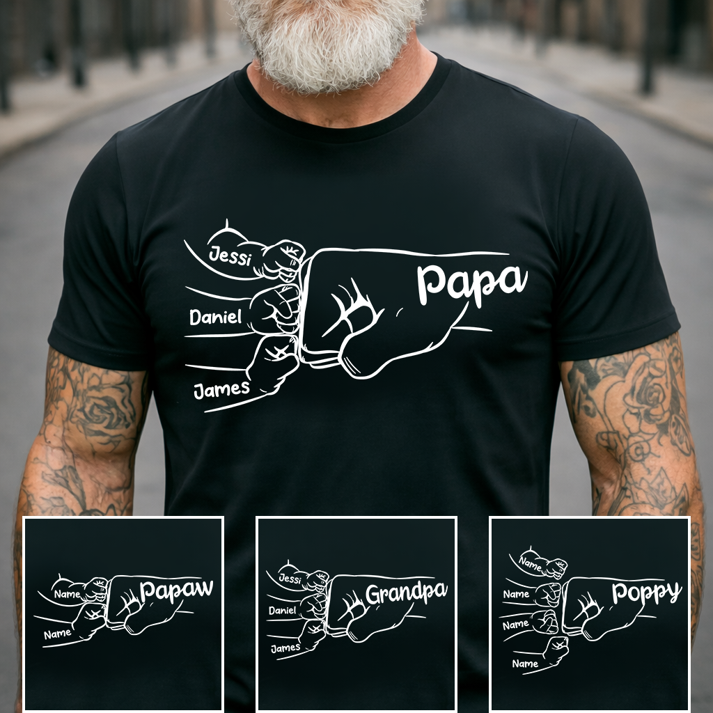 Custom Papa T-Shirt with Fist Bump Graphic – Personalized Father Gift Featuring Children’s Names