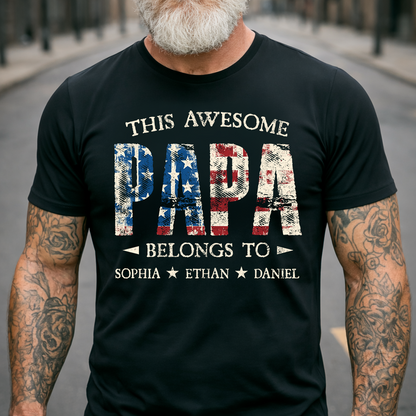 Custom This Awesome PAPA T Shirt, Personalized with Kids Names, Unique American Flag Design for Father's Day