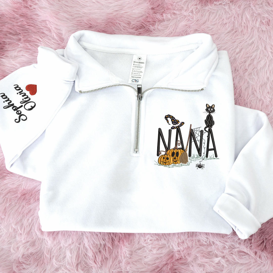Personalized Nana Halloween Quarter Zip, Custom Embroidered Pumpkin Sweatshirt