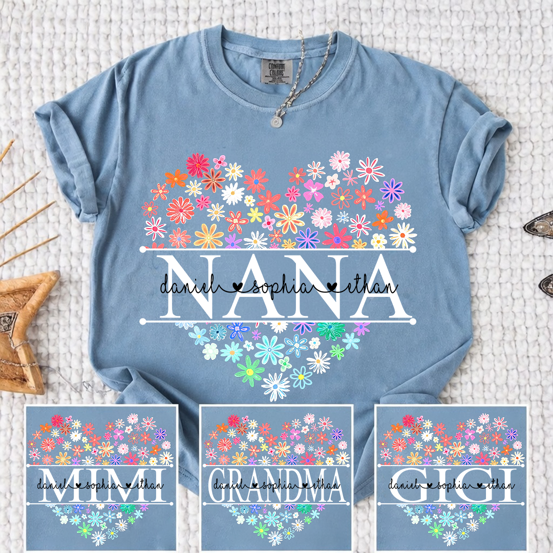 Comfort Colors Personalized Nana Flower Heart Shirt, Custom Grandma Nickname Tee With Kids Names, Mimi Gigi Grandma Floral Heart Design Family Grandkids Name Shirt Mothers Day Grandma Apparel