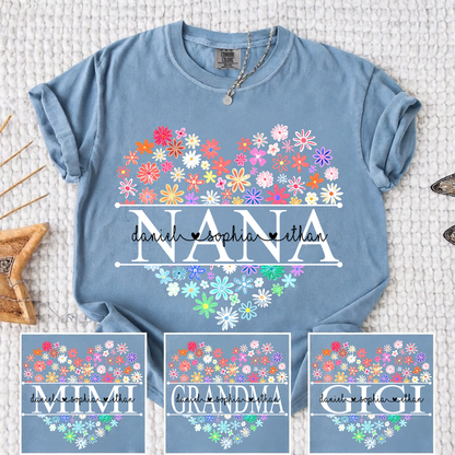 Comfort Colors Personalized Nana Flower Heart Shirt, Custom Grandma Nickname Tee With Kids Names, Mimi Gigi Grandma Floral Heart Design Family Grandkids Name Shirt Mothers Day Grandma Apparel