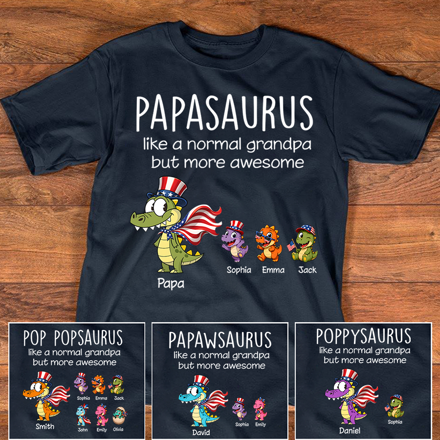 Personalized Papa Dinosaur Shirt with Custom Kids Names, Funny Grandpa Family T Shirt for Papa Grandfather,  Patriotic Grandpa Family, U.S. 250th Anniversary 1776 2026 Gift For Fathers Day Birthday
