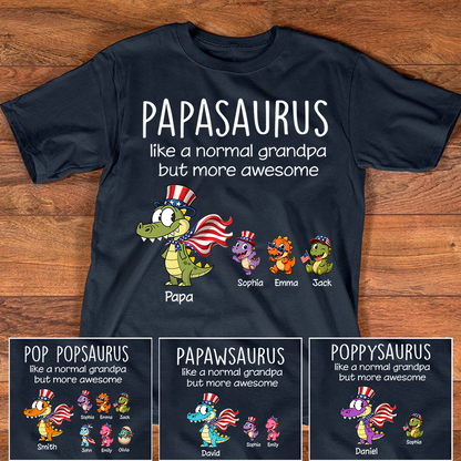 Personalized Papa Dinosaur Shirt with Custom Kids Names, Funny Grandpa Family T Shirt for Papa Grandfather,  Patriotic Grandpa Family, U.S. 250th Anniversary 1776 2026 Gift For Fathers Day Birthday