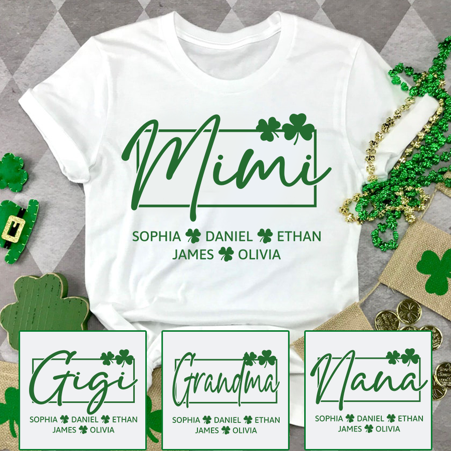 Personalized Gigi Shirt St Patricks Day Shamrock Design, Custom Grandma Shirt With Kids Names