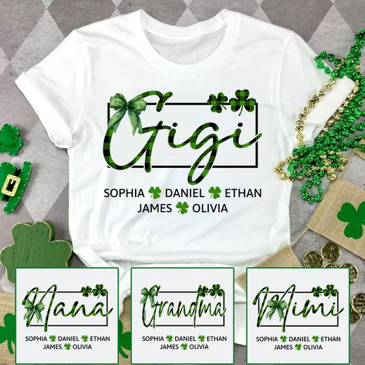 Personalized Gigi Family Shirt, Custom Names Shamrock Clover Tee, St Patrick’s Day Outfit for Gigi and Grandkids