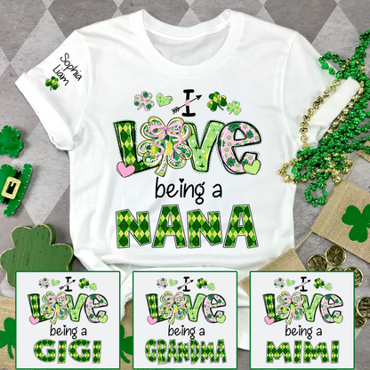 Personalized Patrick’s Day Nana Shirt, I Love Being a Nana Shamrock Design, Custom Grandma Shirt with Kids Names