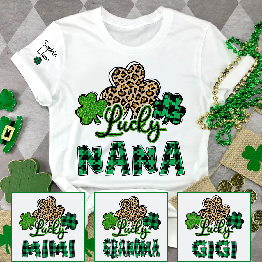 Personalized Lucky Nana T Shirt with Shamrock Pattern, St Patricks Day Grandma Shirt, Custom Name Nana Tee, Cute Irish Clover Design for Family Wear
