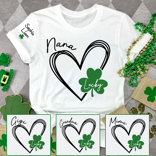 Nana Lucky Shamrock Heart T Shirt Personalized with Kids Names, Custom Grandma Shirt for St Patrick’s Day Celebration, Family Matching Green Clover Top