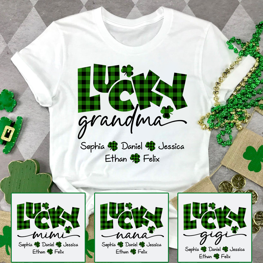 Lucky Grandma Personalized Shirt Clover Shamrock Artwork Custom Family Names St Patrick’s Day Celebration Tee