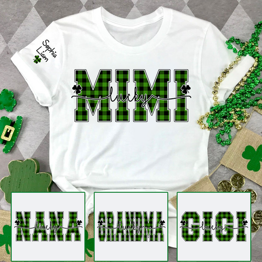 Lucky Mimi Shirt with Shamrock Design, Personalized Grandma Name Tee, St Patrick’s Day Family Shirt for Mimi