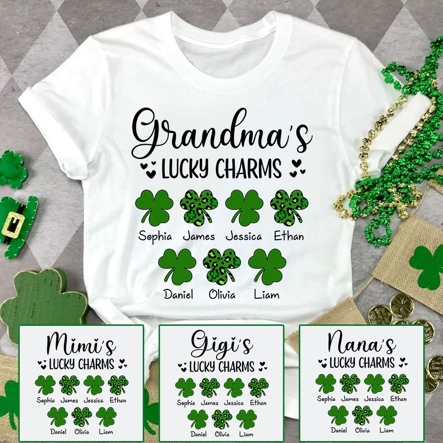 Grandma’s Lucky Charms Shirt, Personalized Grandma T Shirt with Grandkids Names, St Patrick’s Day Shamrock Family Tee for Grandma