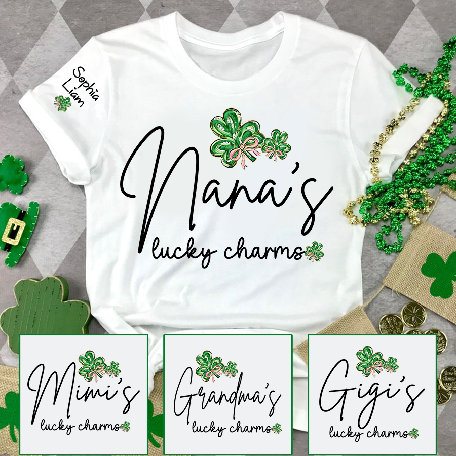 Nana’s Lucky Charms Shirt Personalized Grandma Name Tee with Shamrock Design St Patrick Theme Gift for Nana