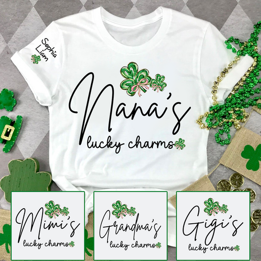 Nana’s Lucky Charms Shirt Personalized Grandma Name Tee with Shamrock Design St Patrick Theme Gift for Nana