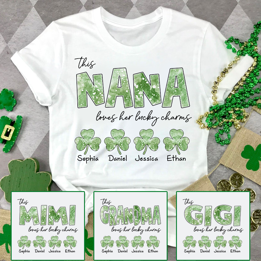 This Nana Loves Her Lucky Charms Grandma Shirt, Custom Name Shamrock T Shirt, St Patrick’s Day Nana Gift from Grandkids