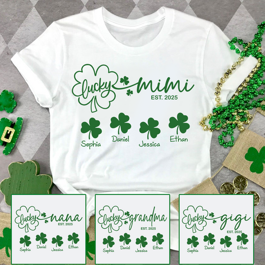 Lucky Mimi EST 2025 Shirt, Personalized Grandma Family Shirt with Names, St Patricks Day Shamrock Gift for Mimi