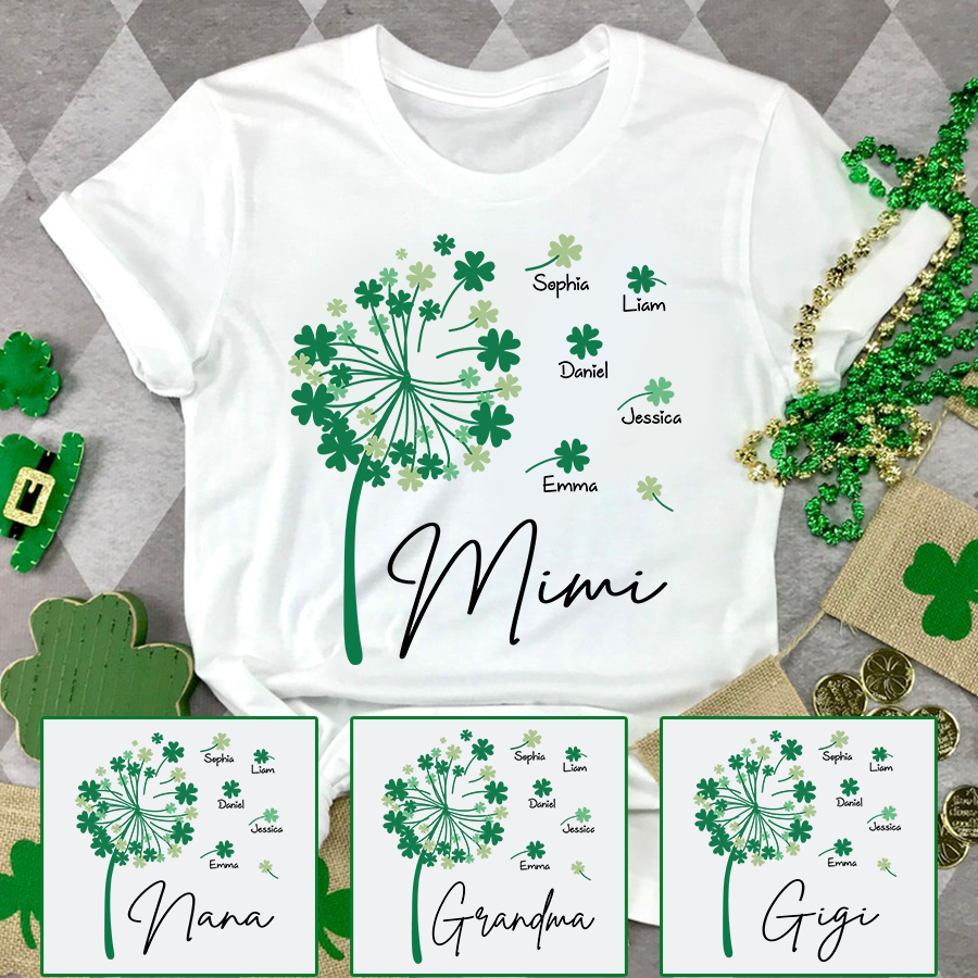 Personalized Mimi Shirt with Kids Names, Shamrock Dandelion Design, St Patricks Day Family Shirt for Grandma, Custom Lucky Mimi T Shirt
