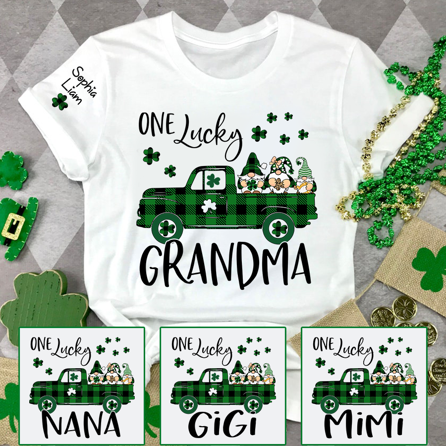 One Lucky Grandma Shirt, Personalized St Patrick’s Day Grandma Shirt With Shamrock Truck Design
