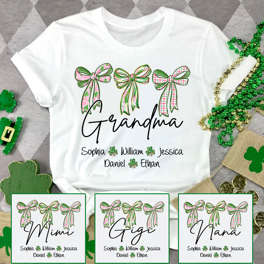 Lucky Grandma Personalized Shirt, Shamrock and Bow St Patrick Day Theme, Custom Names Family Shirt for Grandma