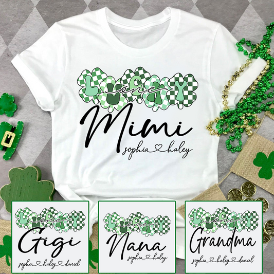 Custom Mimi Shirt with Grandchildren Names, Lucky Clover St Patrick’s Day Grandma Tee, Personalized Irish Style Family Shirt