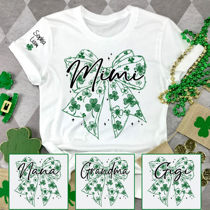 Mimi Clover Shirt Personalized with Grandkids Names, St Patrick’s Day Grandma Gift, Shamrock Bow Family T-Shirt
