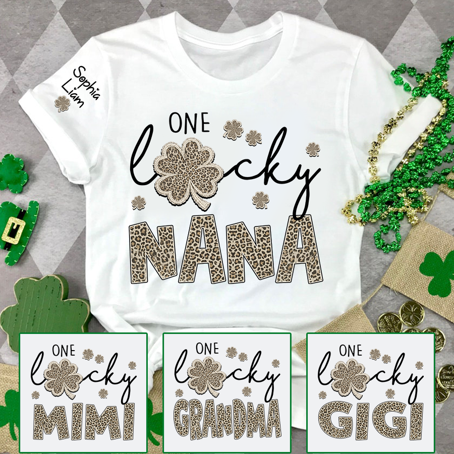 Lucky Nana Shirt, One Lucky Nana with Clover and Leopard Print, Personalized Grandma T-Shirt, St. Patrick’s Day Apparel
