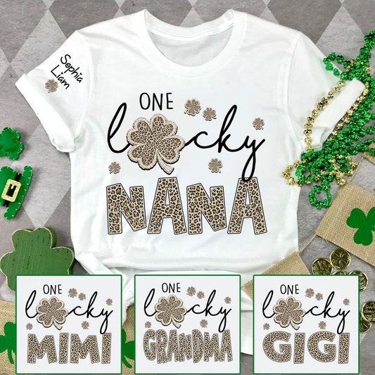 Lucky Nana Shirt, One Lucky Nana with Clover and Leopard Print, Personalized Grandma T-Shirt, St. Patrick’s Day Apparel