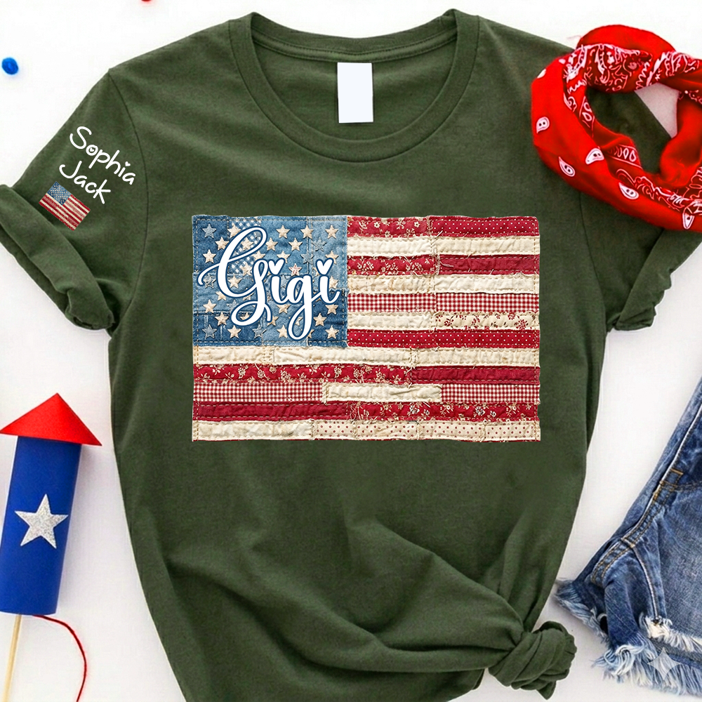 Personalized Gigi Patriotic Patchwork Flag Shirt with Custom Kids Names on Sleeve, Vintage Grandma Family Shirt for Women, 4th of July Birthday Shirt