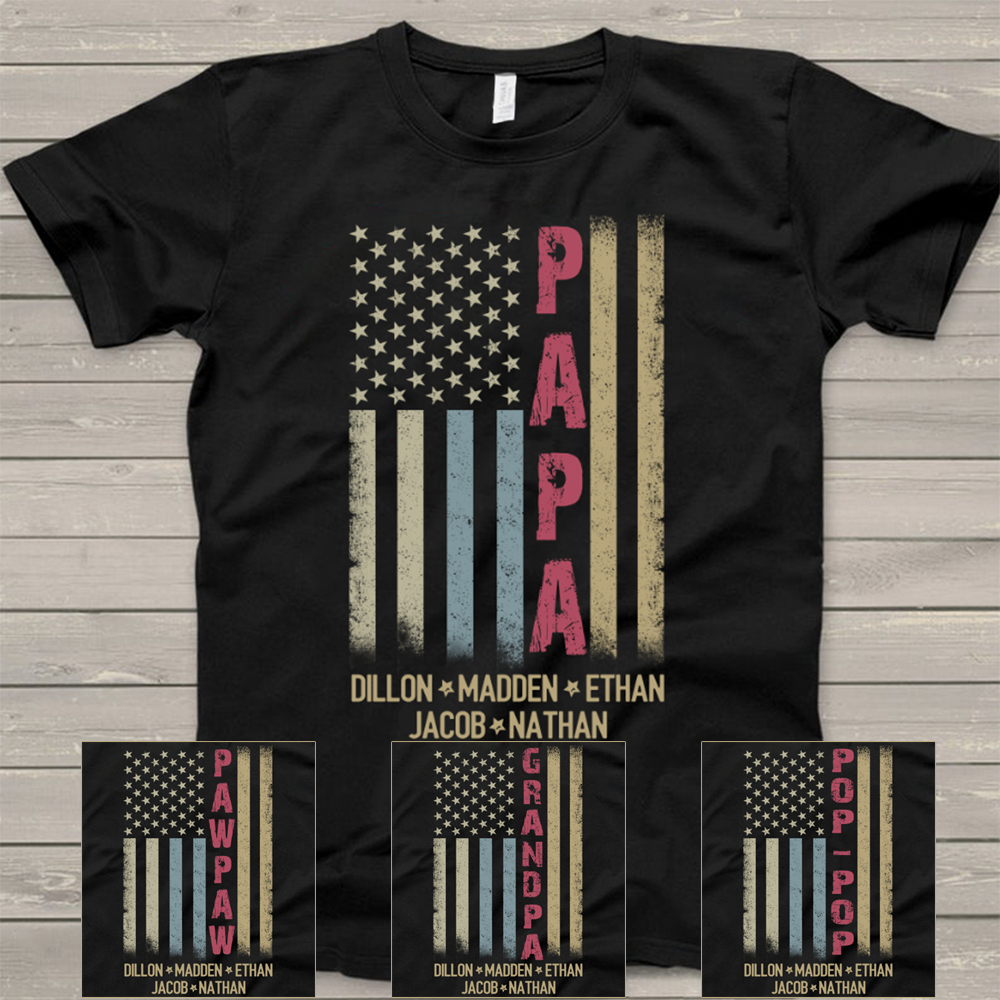 Personalized Papa And GrandKids Names American Flag Shirt, Custom Papa Shirt, Gift For Men Christmas Fathers Day Independence Day Birthday