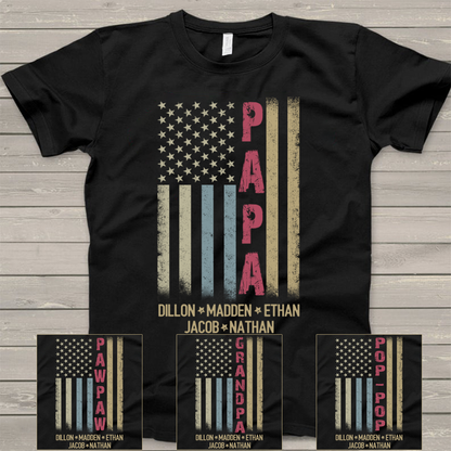 Personalized Papa And GrandKids Names American Flag Shirt, Custom Papa Shirt, Gift For Men Christmas Fathers Day Independence Day Birthday