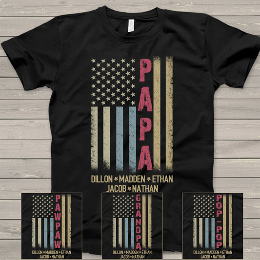 Personalized Papa And GrandKids Names American Flag Shirt, Custom Papa Shirt, Gift For Men Christmas Fathers Day Independence Day Birthday