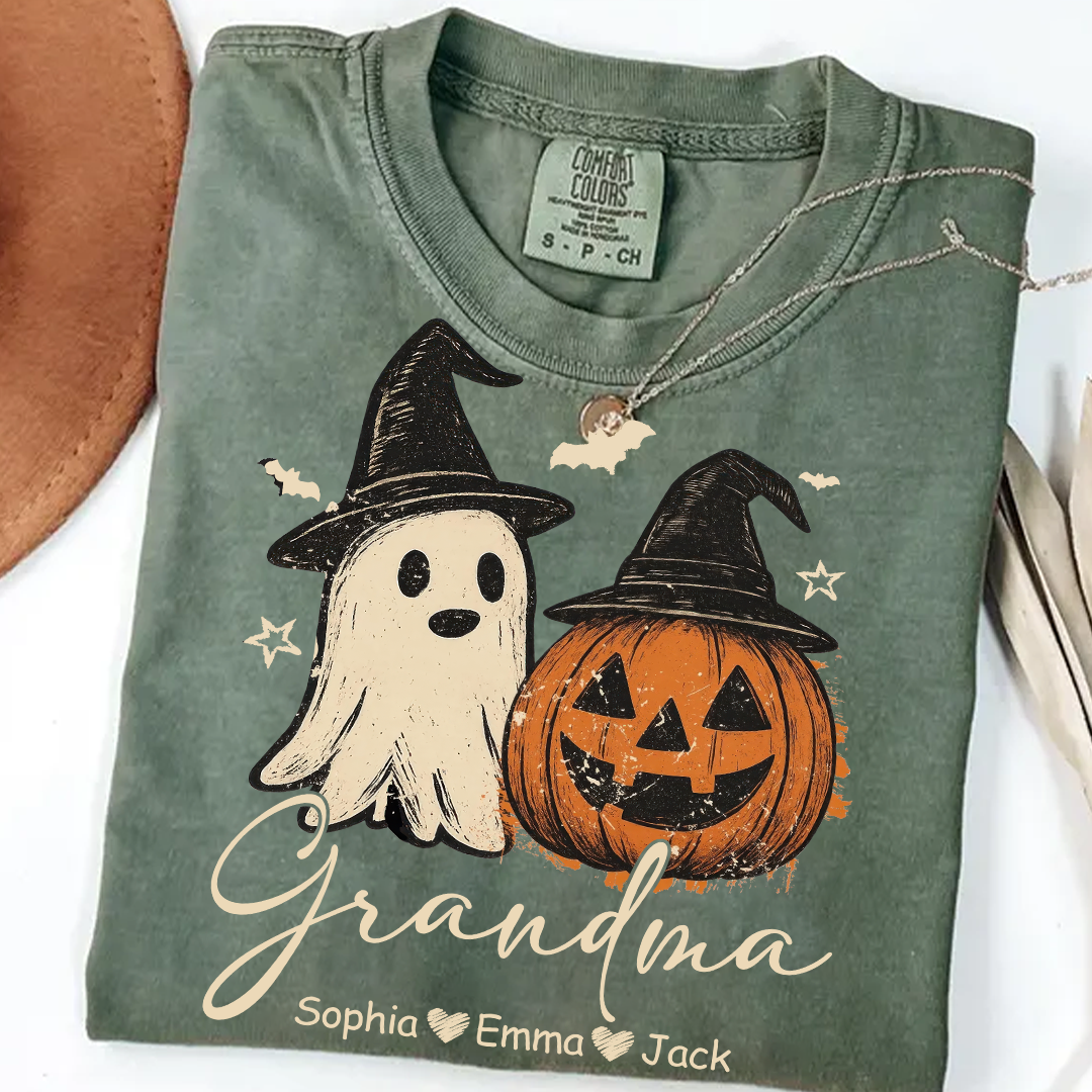 Comfort Colors® Grandma Floral Pumpkin, Ghost Pumpkin And Grandkids T-Shirt