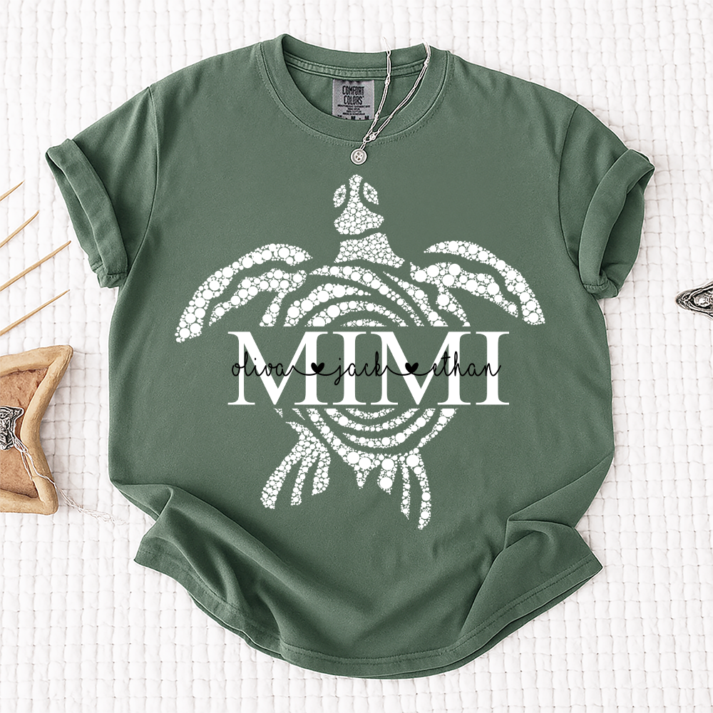 Comfort Colors® Personalized Mimi Mimi Sea Turtle Shirt, Custom Grandkids Names Beach Shirt,Custom Family Names Gift for Grandma