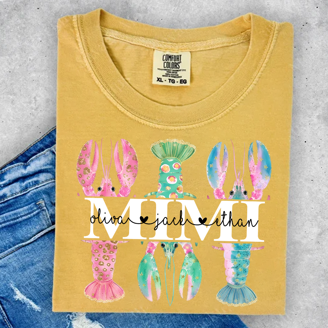 Comfort Colors Custom Mimi Lobster Shirt with Grandkids Names, Personalized Grandma Beach Summer T-Shirt Gift for Grandma