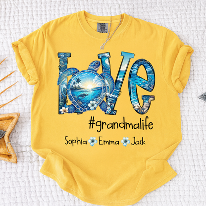 Comfort Colors® Personalized Love grandmalife Sea Turtle Shirt, Custom Family Names Gift for Grandma Shirt, Gift for Mimi Nana Gigi