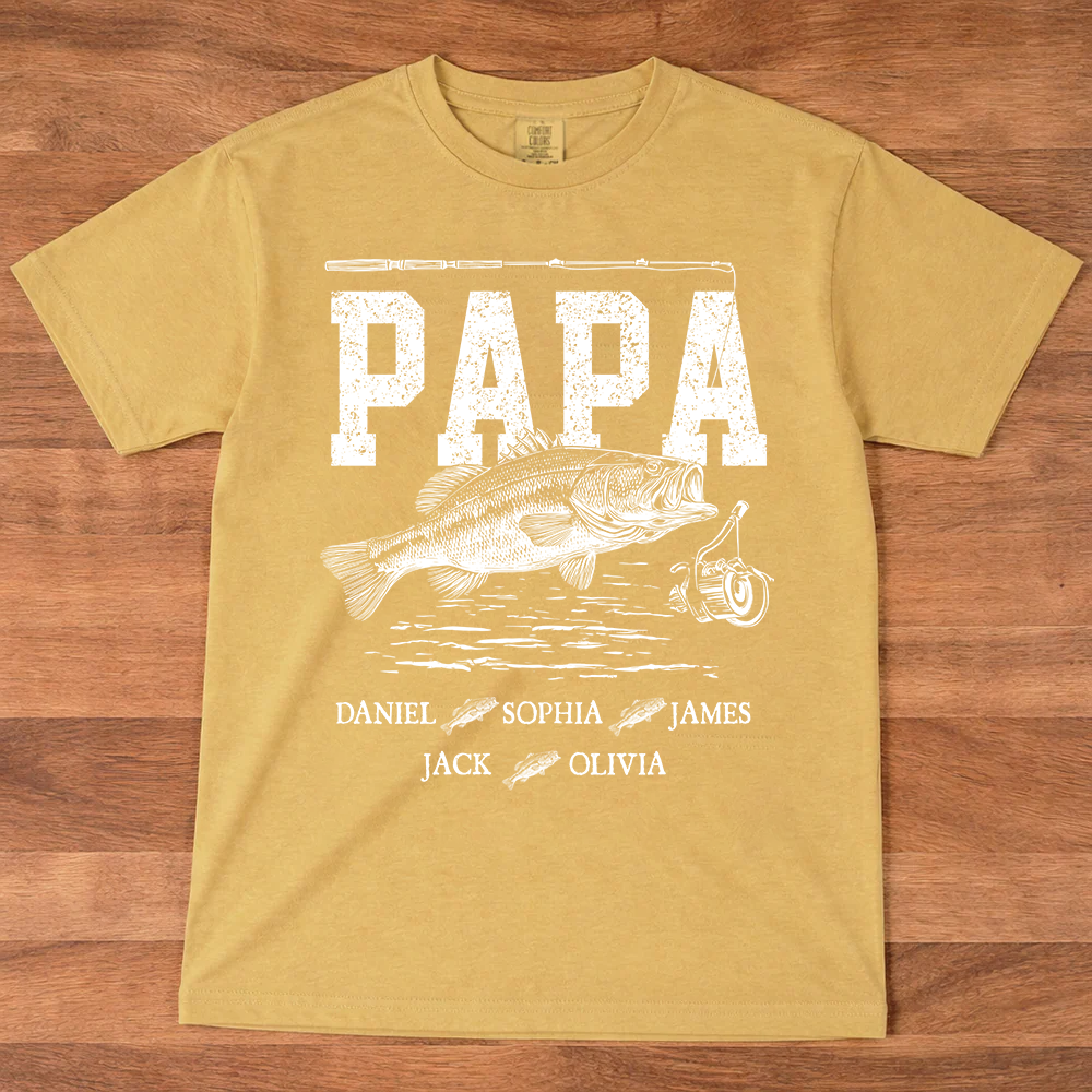 Comfort Colors® Papa Fishing Custom Name, Personalized Dad Papa Grandpa and Grandkids Gift  Father's Day T-shirt