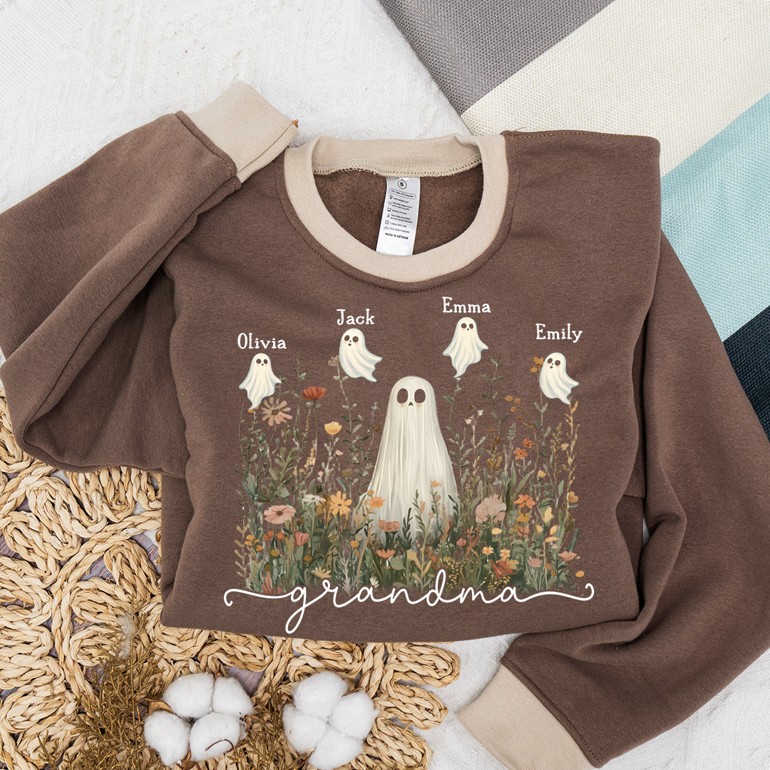 Grandma Cute Ghost in Wildflowers And Grandkids Fall Sweatshirt Mix
