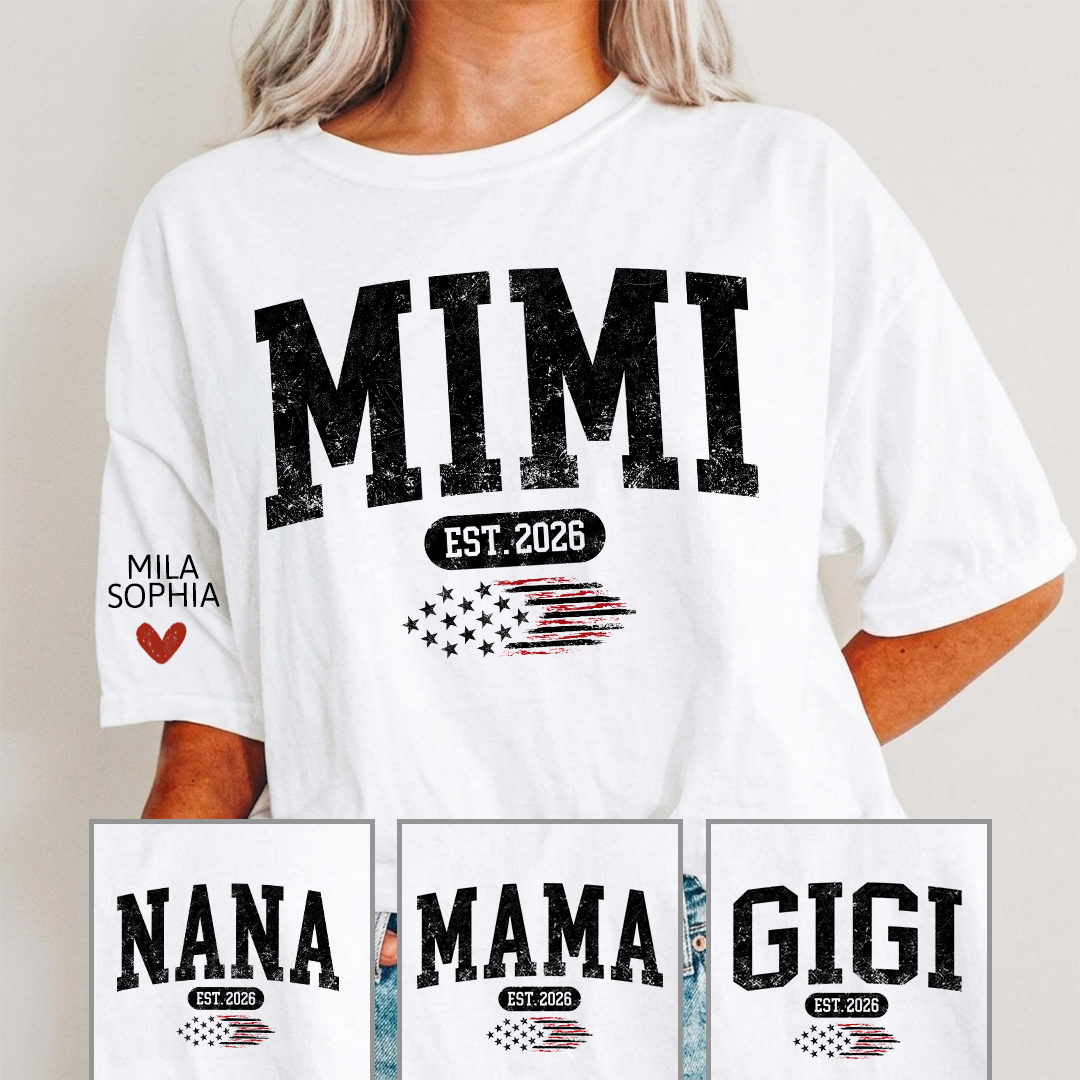 Personalized Mimi EST American Flag T-Shirt – Custom Mimi, Gigi, Nana Shirts, Patriotic Gift for Grandparents, Perfect for Mother’s Day and Birthdays