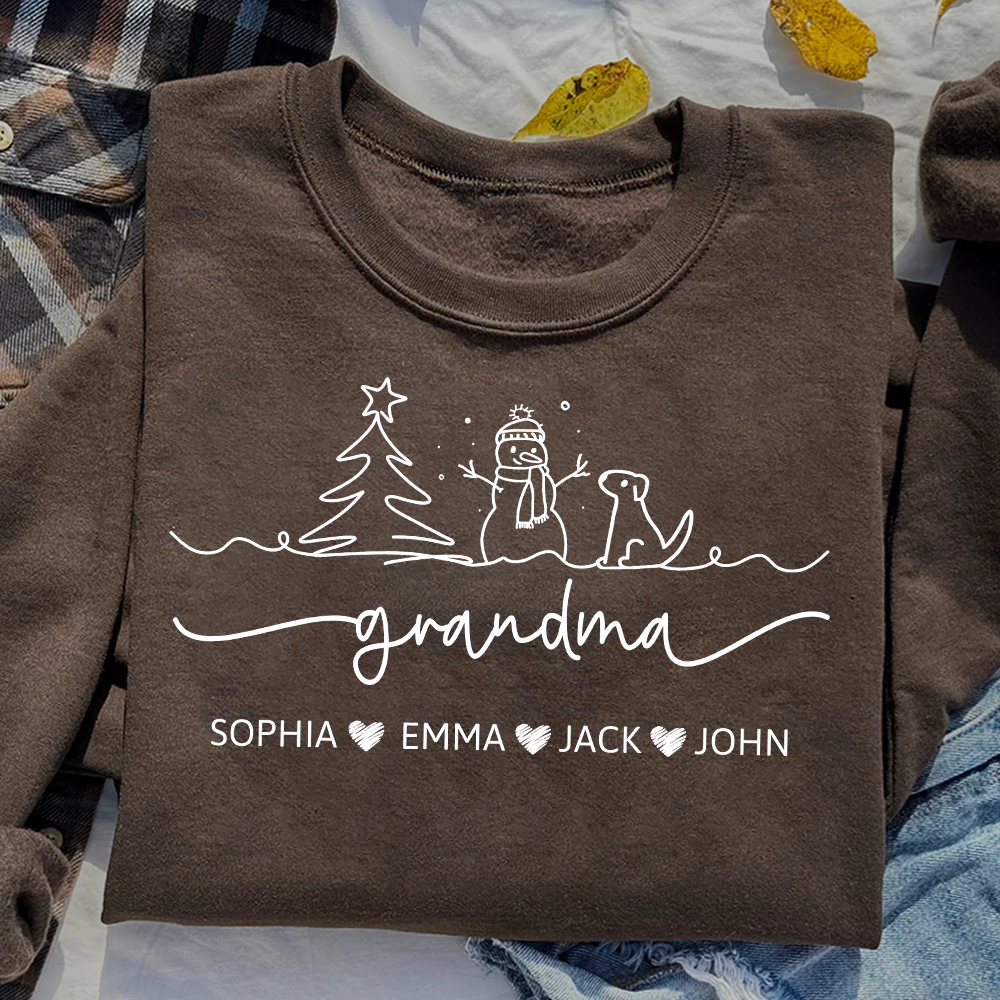 Grandma Snowman Dog Line Drawing And Grandkids Merry Christmas Sweatshirt