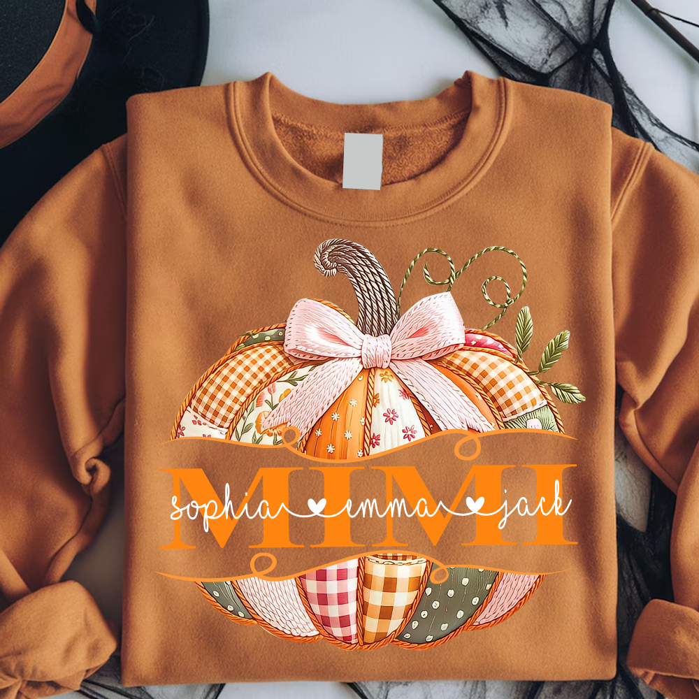 Mimi Pumpkin with Grandkids Name Design – Fall Gift for Grandma Sweatshirt