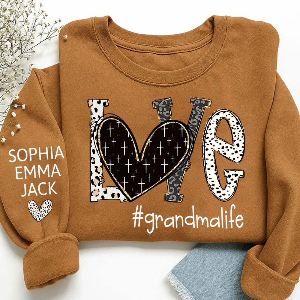 Personalized Love grandmalife Sweatshirt Bible Style Design & Custom Grandkids Names on Sleeve Sweatshirt