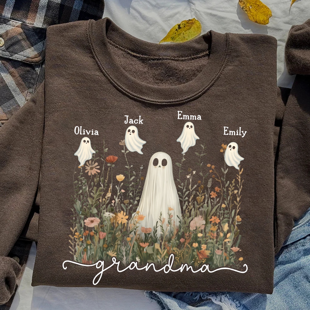 Grandma Cute Ghost in Wildflowers Halloween And Grandkids Sweatshirt