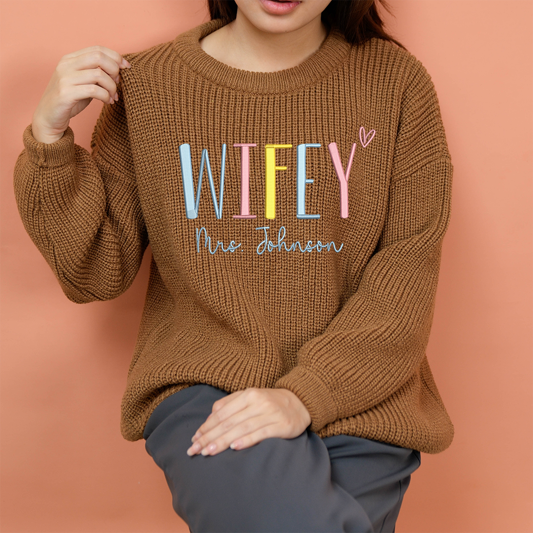 Wifey Embroidered Color Sweater, Christmas Gift Knit Sweater – Personalized Wifey Sweater with Wedding Gift, Gift for Bride