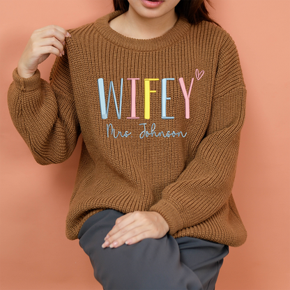 Wifey Embroidered Color Sweater, Christmas Gift Knit Sweater – Personalized Wifey Sweater with Wedding Gift, Gift for Bride