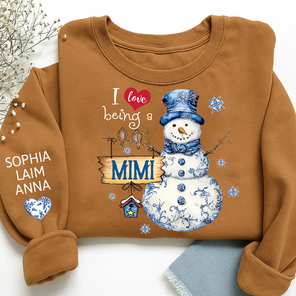 Personalized I Love Being a Mimi Snowman blue toile Sweatshirt and Grandkids Name Winter Design