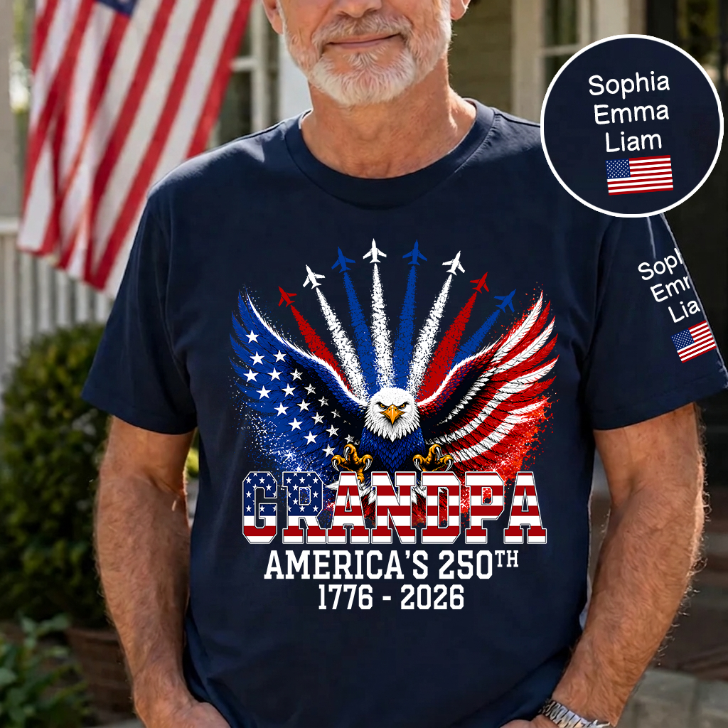 Personalized Grandpa Patriotic Eagle Shirt Custom Kids Names Sleeve, U.S. 250th Anniversary 1776 2026, Gift For Father's Day Birthday