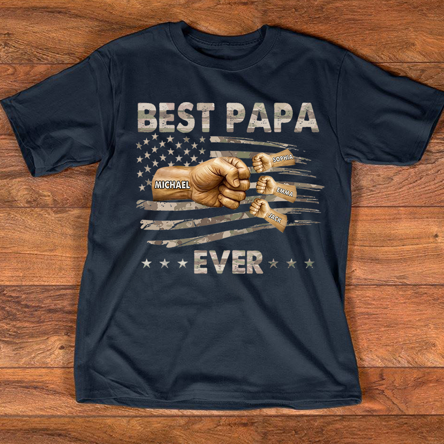 Personalized Best Papa Ever Shirt, Custom Fist Bump Family Names Tee for Papa Grandpa Dad, Patriotic American Flag Fathers Day Shirt